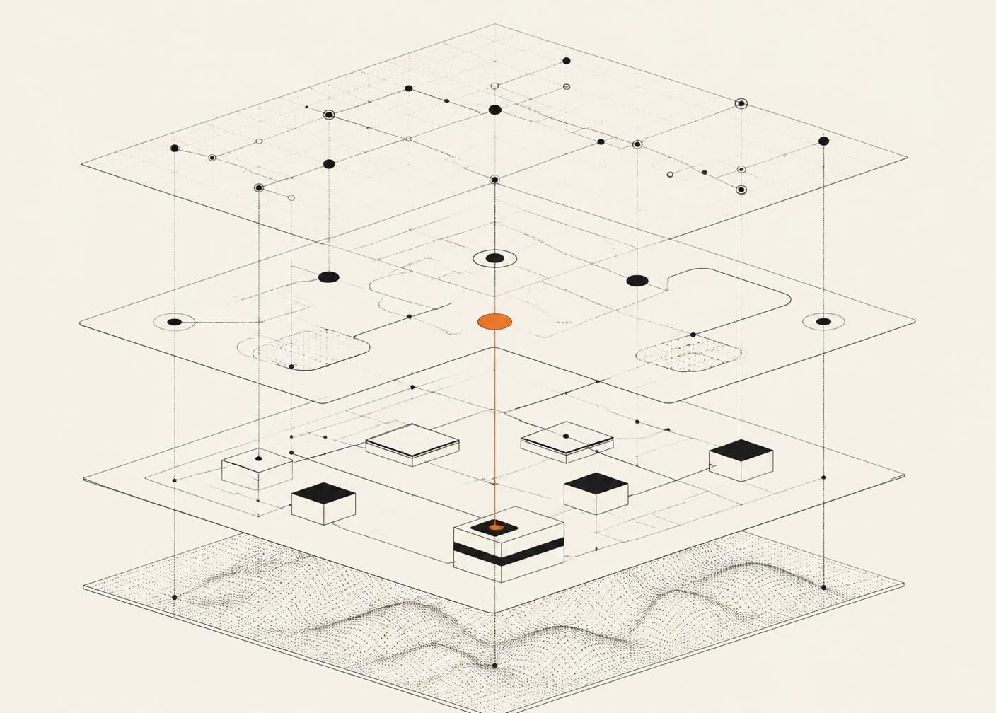 Technical line illustration of a layered system architecture with connected nodes across four planes