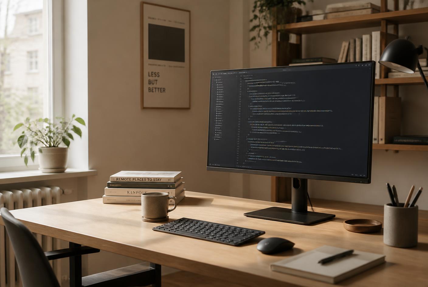 Quiet workspace with a monitor displaying source code in a code editor