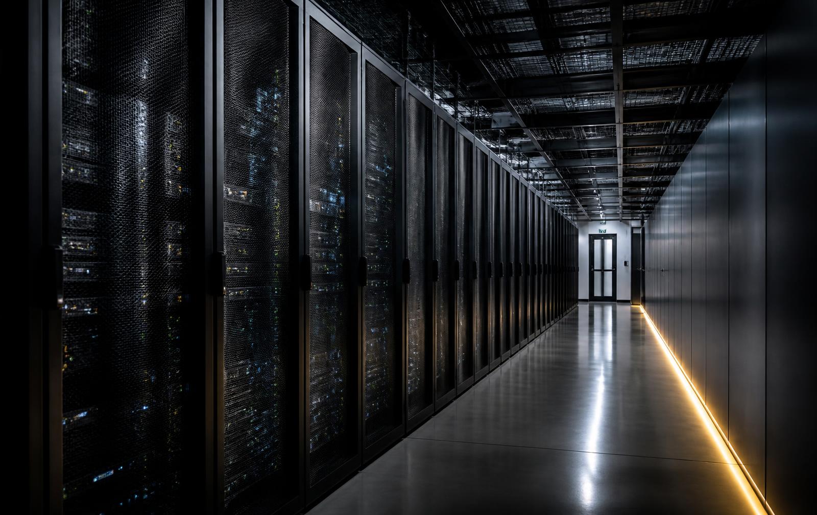 Row of dark server cabinets in a data centre corridor lit by a single warm light strip