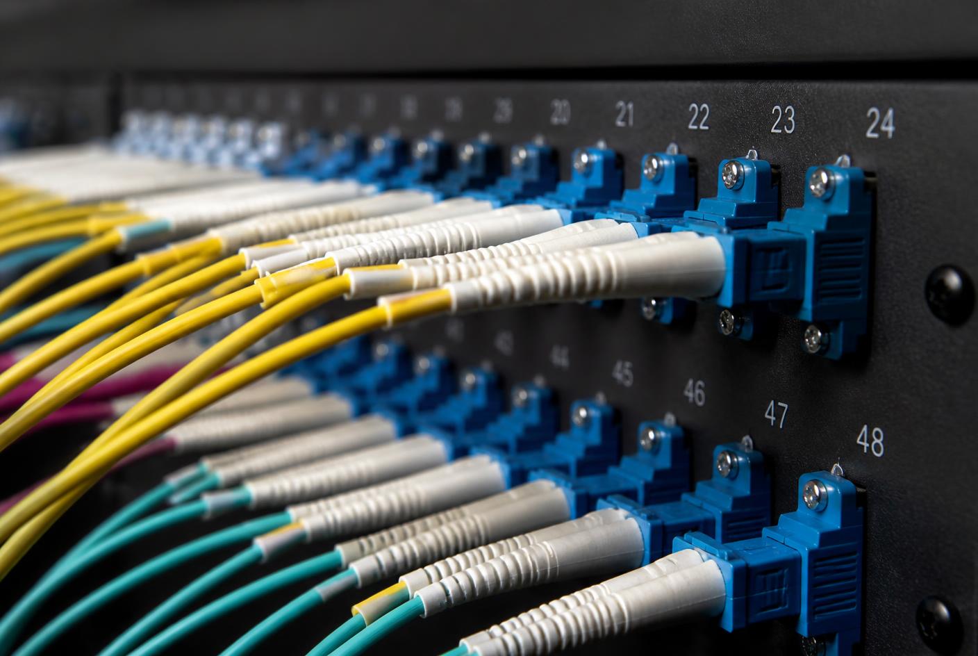 Close view of an orderly fibre optic patch panel with colour-coded cabling